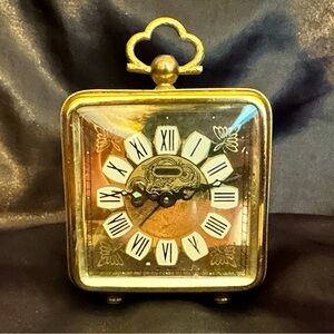RARE ANTIQUE GERMAN Gold Tone Filigree Square Mechanical Windup Alarm Clock